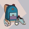 Backpack, sneakers and headphones vector isolated set. Youth fashion hipster rucksack, shoes illustration in minimalist style.