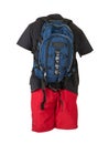 Backpack, sports shorts, t-shirt isolated on white foane. clothes for every day