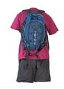 Backpack, sports shorts, t-shirt isolated on white foane. clothes for every day