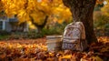A backpack and a stack of books resting on a bed of colorful autumn leaves under a tree Royalty Free Stock Photo