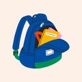 Backpack with study supplies. Colorful schoolbag with textbooks, copybooks and ruler