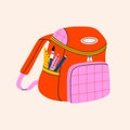 Backpack with study supplies and stationery. Colorful schoolbag for kids