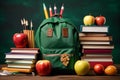 Backpack surrounded by school stationery