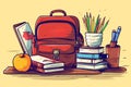 Backpack surrounded by school stationery