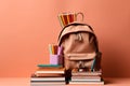 Backpack surrounded by school stationery