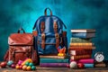 Backpack surrounded by school stationery