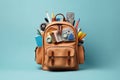 Backpack Surrounded by School Stationery. Generative ai