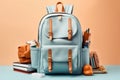 Backpack Surrounded by School Stationery. Generative ai