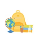 Backpack on white background with globe and books standing vector illustration