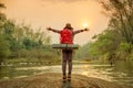 Backpack woman standing and open hand Royalty Free Stock Photo