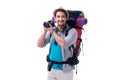 The backpacker with camera isolated on white background Royalty Free Stock Photo