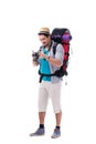 The backpacker with camera isolated on white background Royalty Free Stock Photo