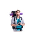 Backpacker with camera isolated on white background Royalty Free Stock Photo