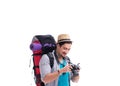 Backpacker with camera isolated on white background Royalty Free Stock Photo