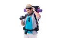 The backpacker with camera isolated on white background Royalty Free Stock Photo