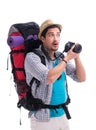 Backpacker with camera isolated on white background Royalty Free Stock Photo