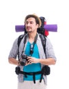 Backpacker with camera isolated on white background Royalty Free Stock Photo