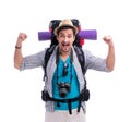 Backpacker with camera isolated on white background Royalty Free Stock Photo