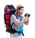 Backpacker with camera isolated on white background Royalty Free Stock Photo