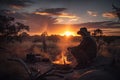 backpacker cooking a meal over a campfire, with the sunset as a backdrop