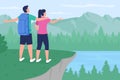 Backpacker couple in countryside flat color vector illustration