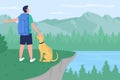 Backpacker with dog flat color vector illustration