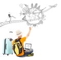 Backpacker draw a travel trip planning Royalty Free Stock Photo