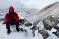 Backpacker dressed in red coat and polarizing spectacles resting on his way to Everest Base camp,Gorakshep, Nepal Royalty Free Stock Photo