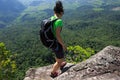 Backpacker enjoy the view on mountain top cliff Royalty Free Stock Photo