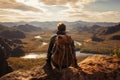 Backpacker gazing upon a vast, uncharted wilderness, igniting the spirit of adventure and the call of the unknown. Ai generated