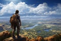 Backpacker gazing upon a vast, uncharted wilderness, igniting the spirit of adventure and the call of the unknown. Ai generated