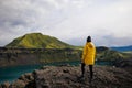 Backpacker girl admiring Blahylur lake in Iceland Royalty Free Stock Photo