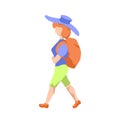 Backpacker girl in hat, flat style illustration on white background. Travelling woman with backpack