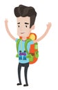 Backpacker with hands up vector illustration.