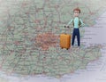 Backpacker with luggage stand on Britain map