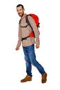 Backpacker man in hiker shirt and backpack isolated over white.