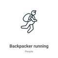 Backpacker running outline vector icon. Thin line black backpacker running icon, flat vector simple element illustration from