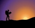 Backpacker silhouette in the sunrise light - illustration