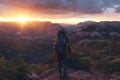 Backpacker witnessing dramatic mountain sunset