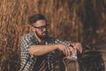 Backpacker taking a break from hiking Royalty Free Stock Photo