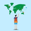 Backpacker stand in front of world map