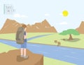 Backpacker standing on a cliff looking out to the landscape mountains view and animal. On a clear day flat vector.