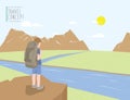 Backpacker standing on a cliff looking out to the landscape mountains view. On a clear day flat vector.