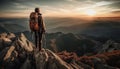 Backpacker standing on mountain peak, achieving success generated by AI