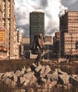 Backpacker standing on rubble block in abandoned city