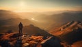 Backpacker standing on top of majestic mountain peak generated by AI