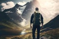 A backpacker stands on a mountain trail, taking a break to enjoy the stunning views of the mountain. AI Generative