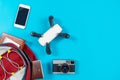 Backpacker tourist travel gadgets and objects Royalty Free Stock Photo