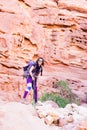 Backpacker tourist woman standing desert stone canyon mountain t Royalty Free Stock Photo