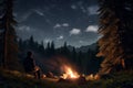 Backpacker traveler sitting by crackling campfire under starry night sky. Generative AI